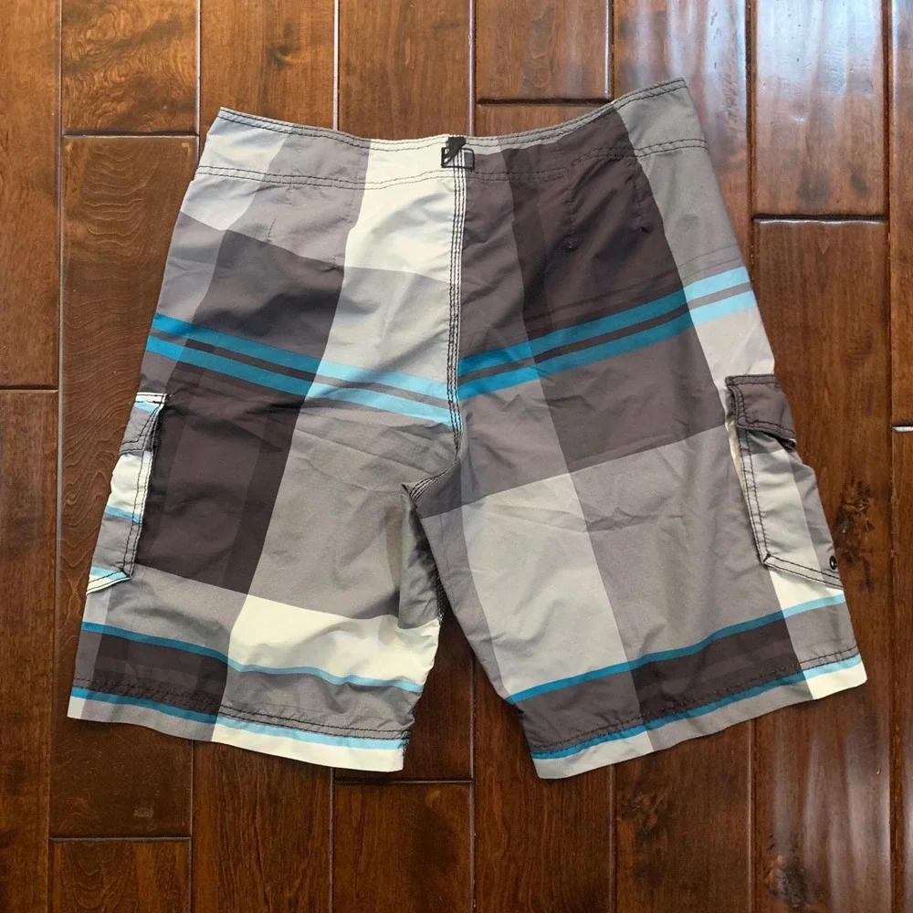 Billabong Mens Plaid Board Shorts Blue Grey Cargo Swim Trunks‎ Size 34 M115KMEA